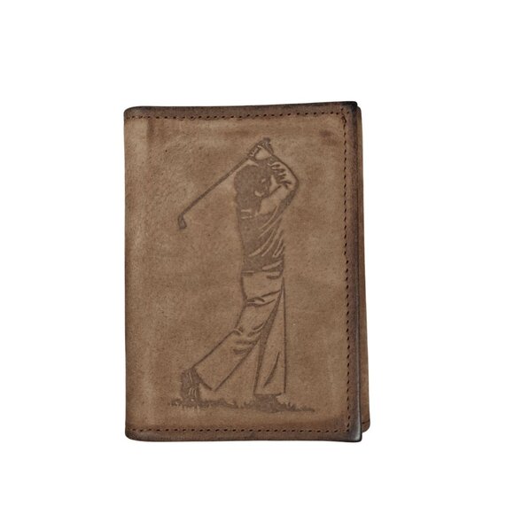 Vintage Fandango Calf Golf Engraved Tri-Fold Men's Leather Wallet Brown - Picture 1 of 6